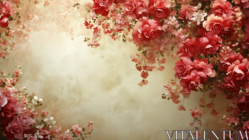 Soft cream backdrop framed by cascading red roses.