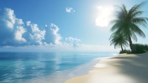 Tropical Beach Paradise with Palm Tree and Clear Sky