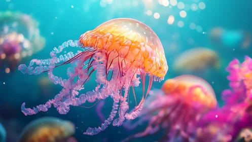 Glowing jellyfish drifting in colorful underwater scene.