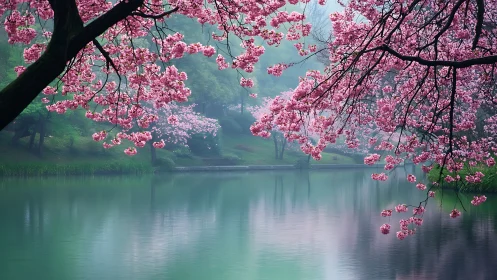 Cherry blossoms over misty lakeside with soft atmospheric depth