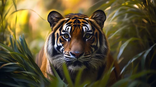 Tiger stares directly from dense foliage in soft jungle light