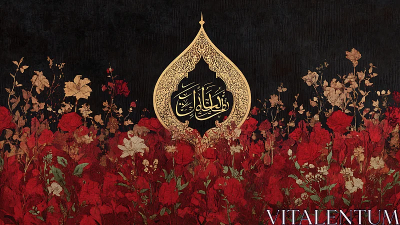 Golden teardrop script blooms above a crimson floral sea