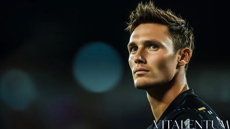 Stadium lights and quiet focus on a determined young player.