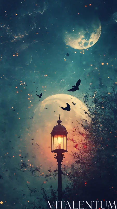 Streetlamp under double moon sky with silhouetted birds.