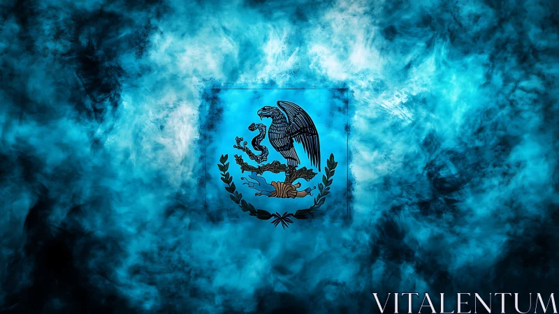 Mexican national emblem centered in blue smoke field.