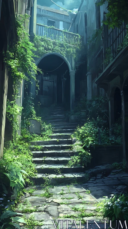 Overgrown stone stairway ascends through an abandoned courtyard