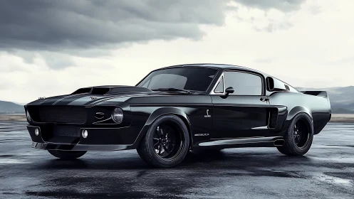 Retrofastback muscle coupe under storm-lit reflective asphalt.