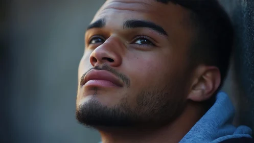 Pensive young man gazes upward in soft natural light.