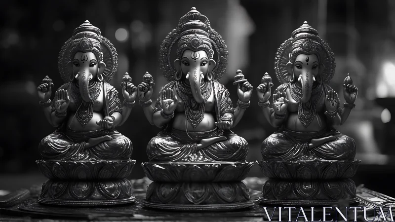 Triad of intricately cast Ganesha statues in symmetrical frontal alignment