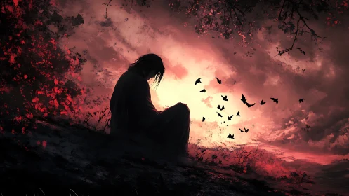 Silhouetted figure sits on hillside under red storm sky