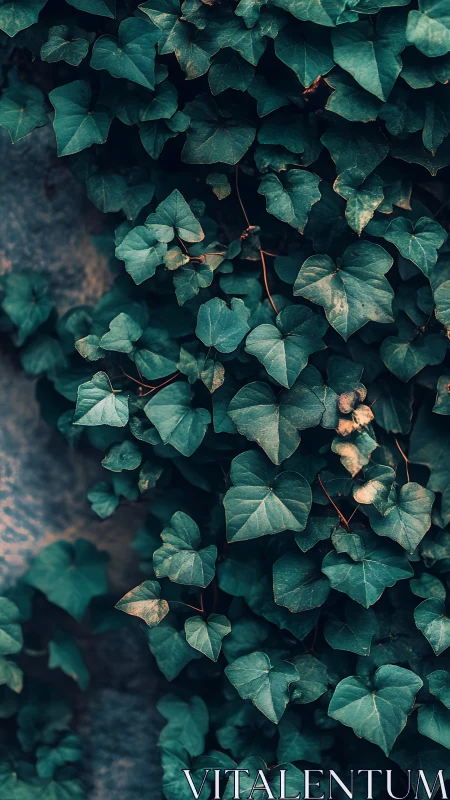 Dense ivy foliage covers a shaded stone wall in teal hues