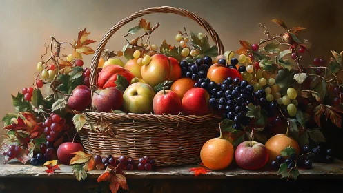 Harvest basket of jewel-toned fruits in glowing autumn light.