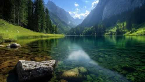 Alpine lake with conifer forest and distant mountain ridges.