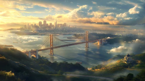 Golden suspension bridge spans misty bay at luminous sunrise.