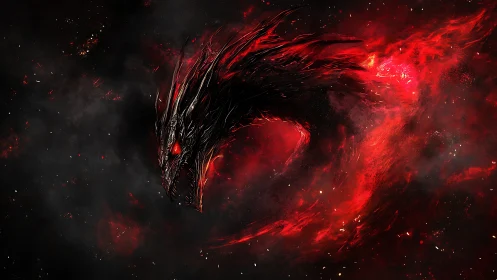 A fiery cosmic dragon curls through swirling red stardust