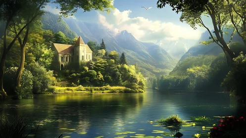 Lakeside neo-gothic villa amid sunlit alpine forest basin