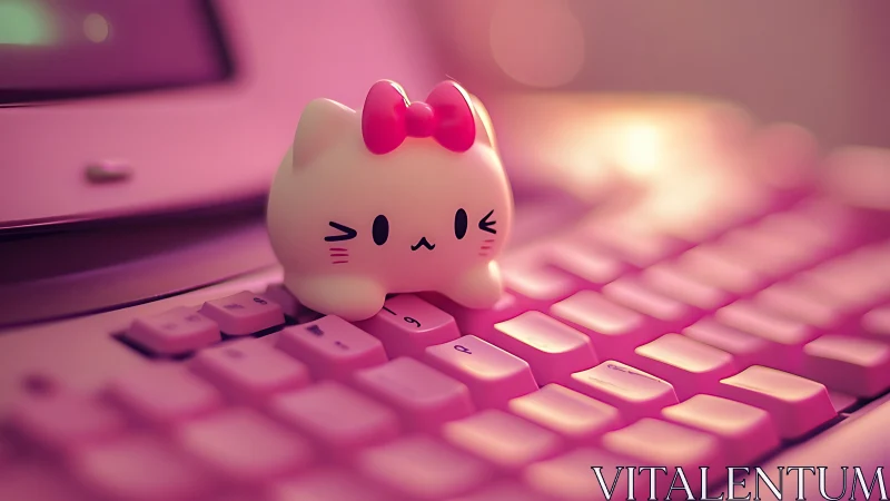 Cute cat figurine on pink computer keyboard in soft light.