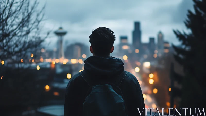 Solitary traveler overlooks moody city skyline at dusk