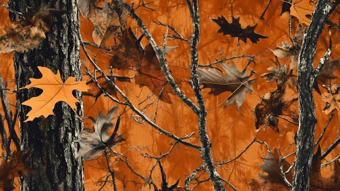 Autumn oak leaves drift across bark against vivid orange