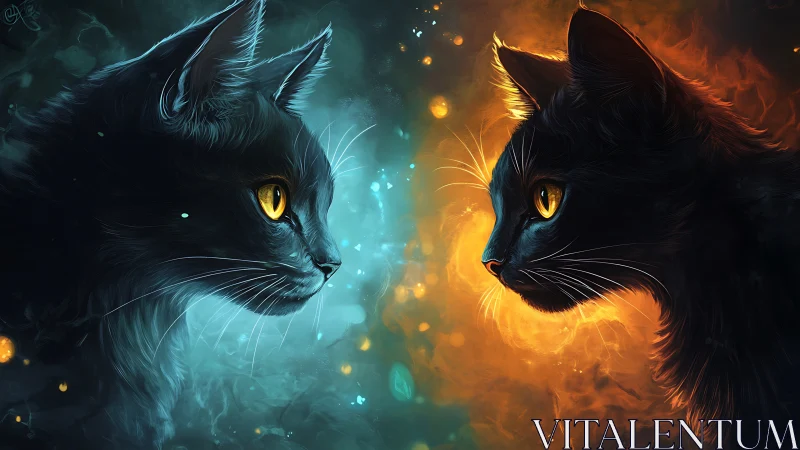 Two Black Cats with Glowing Eyes: Mystical Digital Art.