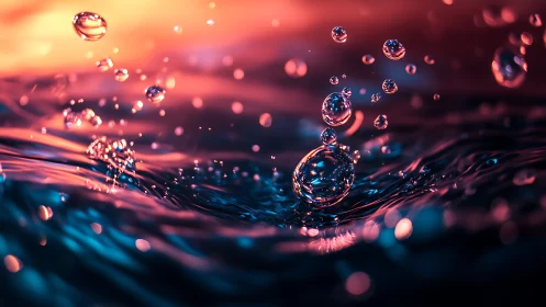 Liquid constellations rise as neon droplets puncture twilight