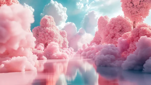 Pink cotton cloud trees reflect over calm pastel waterway