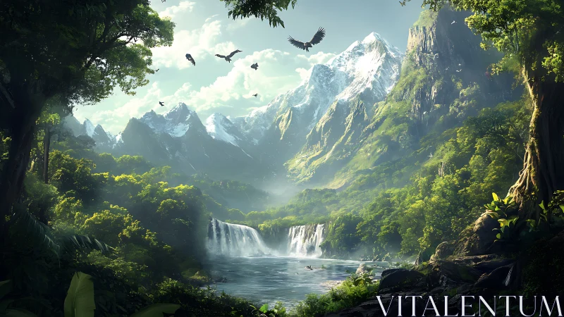 Mystic rainforest valley with waterfalls and jagged peaks.