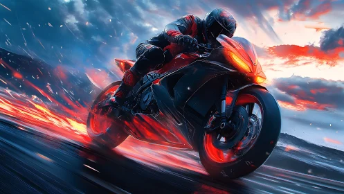 Firestream rider carving neon speed across storm roads.