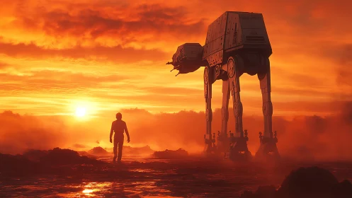 Silhouette of person and walker robot in dense orange sunset sky