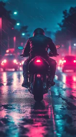 Lone rider in neon rain, slipping through city twilight.