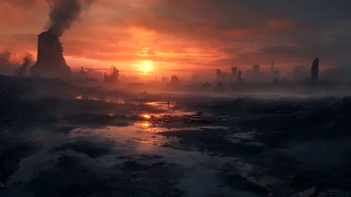 Lonely wanderer crosses a glowing sunset wasteland horizon.