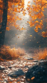 Golden autumn path drifting with leaves and quiet light.