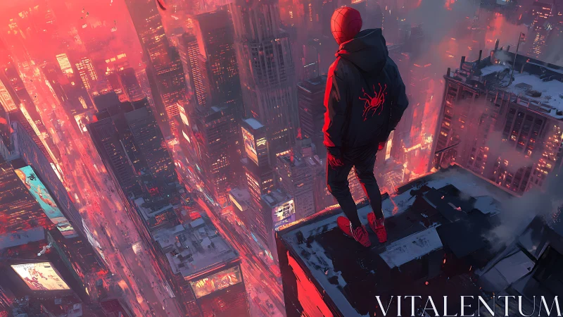 Spider-themed figure observing dense neon cityscape at dusk.