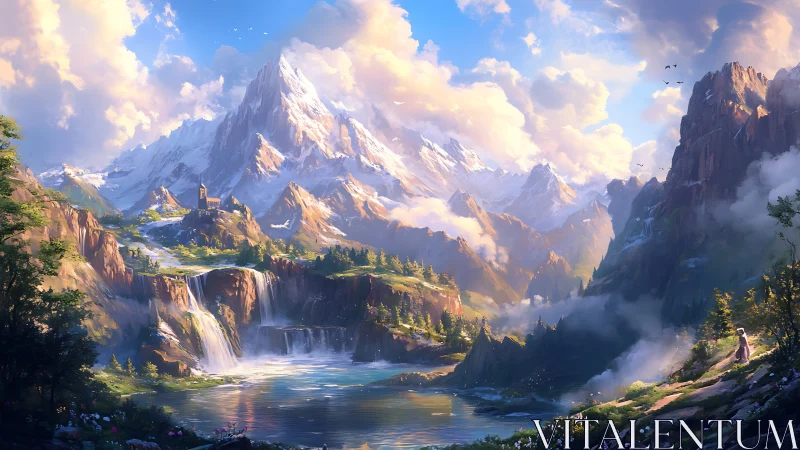 Sunlit mountain haven with waterfalls and a quiet wanderer.