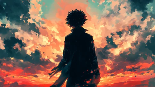 Silhouetted wanderer under blazing painterly sunset sky.