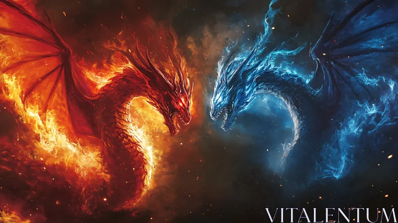 Fire and ice dragons locked in elemental sky duel.