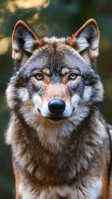 Photorealistic frontal wolf portrait with shallow depth of field.