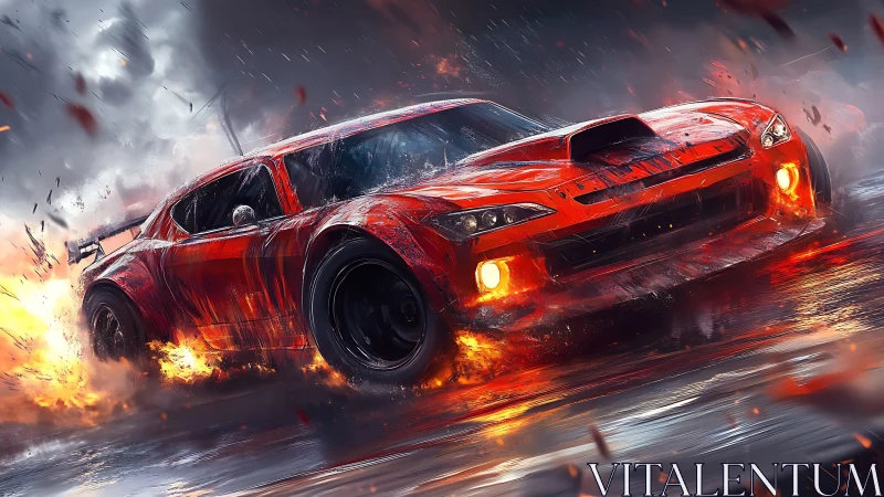 Aerodynamic red race car drifts through flaming wet asphalt at speed