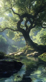 Sunlit forest tree arching over tranquil reflective river.