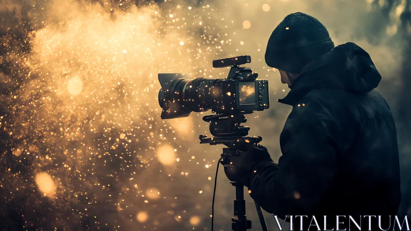 Cameraperson operating video rig amid dense airborne particles.