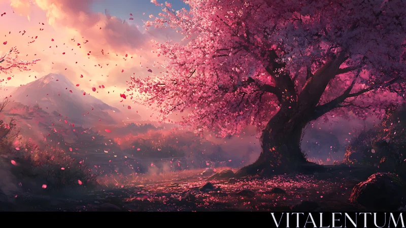 Radiant cherry blossom tree before misty mountain sunset.