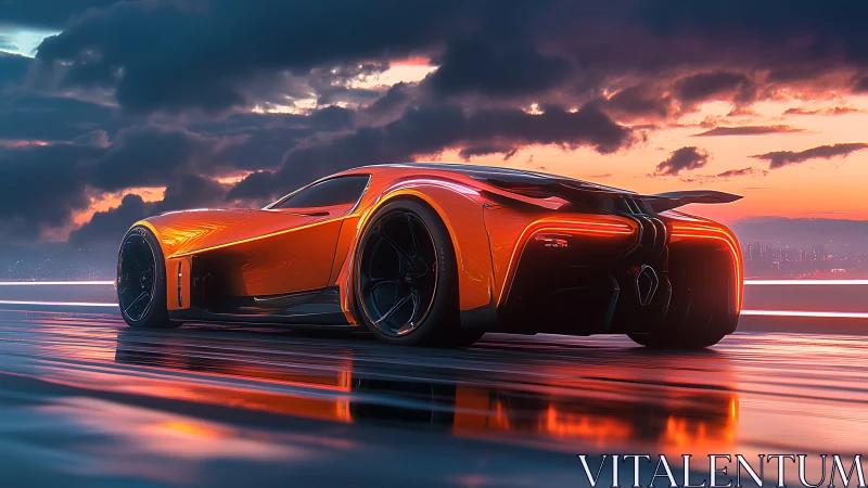Neon dusk hypercar prowling a mirror-slick futuristic coast.