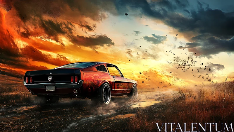 Muscle car racing into stormy sunset with dramatic skies.
