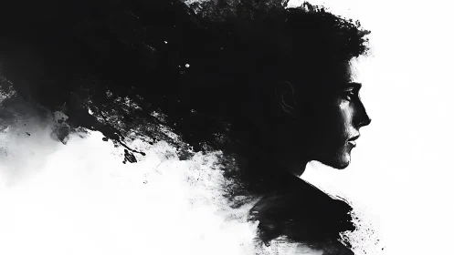 Monochrome side profile dissolving into abstract brush strokes.