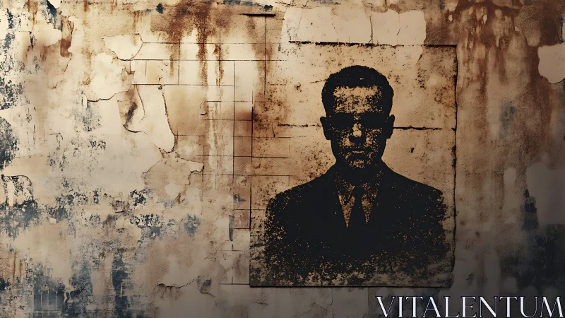 Portrait stencil of suited figure is placed on decayed wall