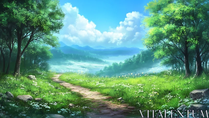 Mountain Valley Path Through Ancient Trees and Blooming Meadow.