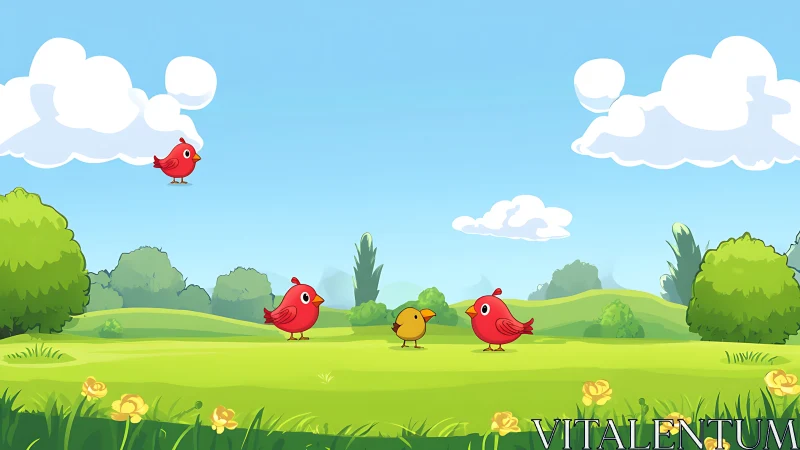 Cartoon songbirds gather over bright spring meadow.