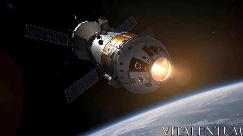 Crewed orbital spacecraft fires engine above sunlit Earth