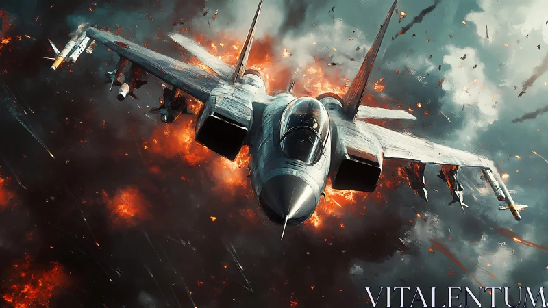 Combat jet cuts through explosion-filled stormy sky.