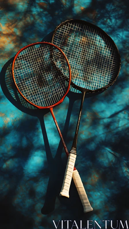 Sunlit badminton rackets resting on a dreamy blue court.